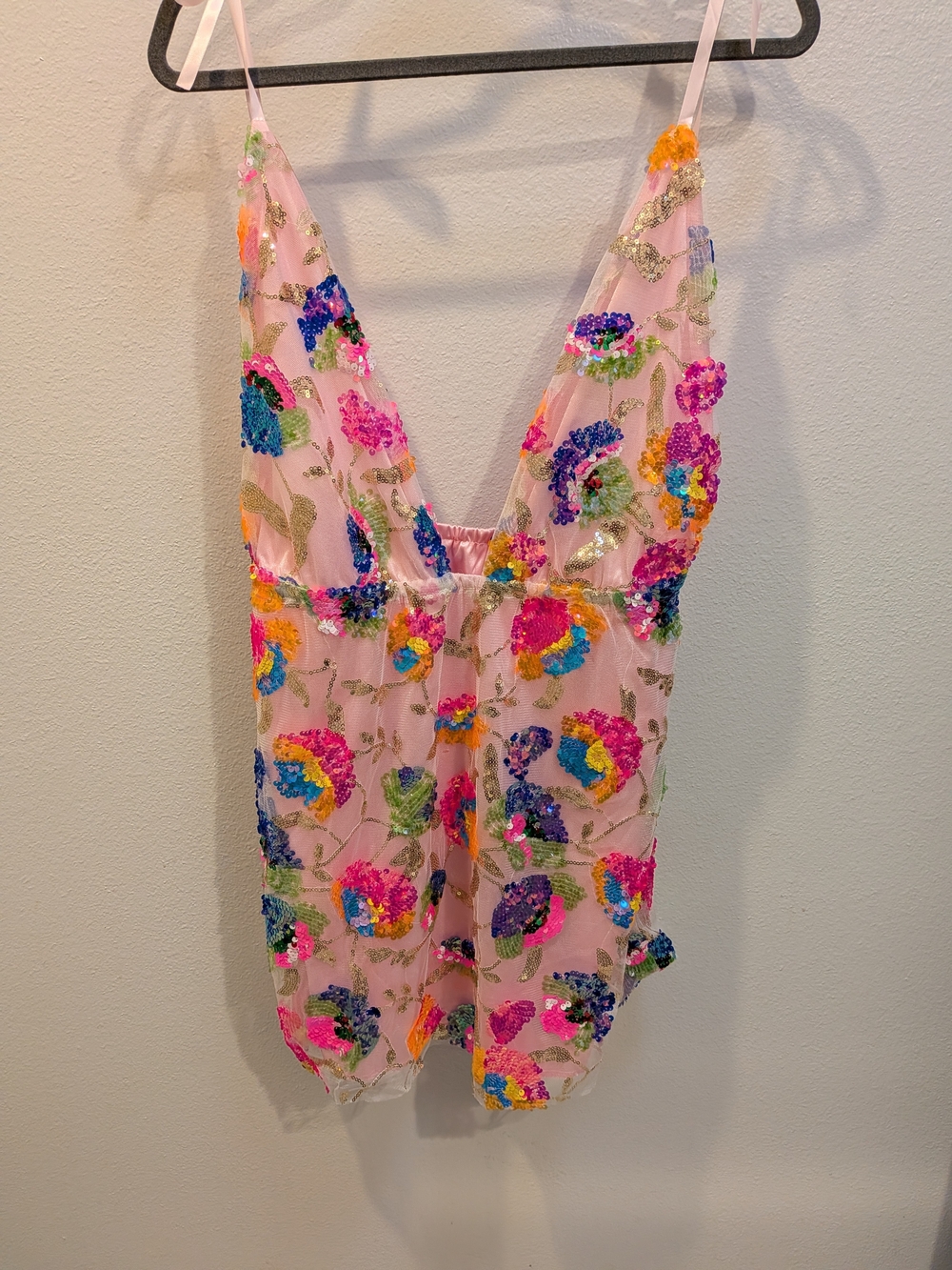 NWOT Pink Floral Sequin Mini Dress Or Top XL